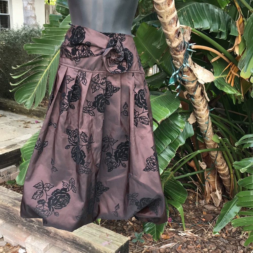 Metallic bronze dark floral bubble skirt with velvet rosette